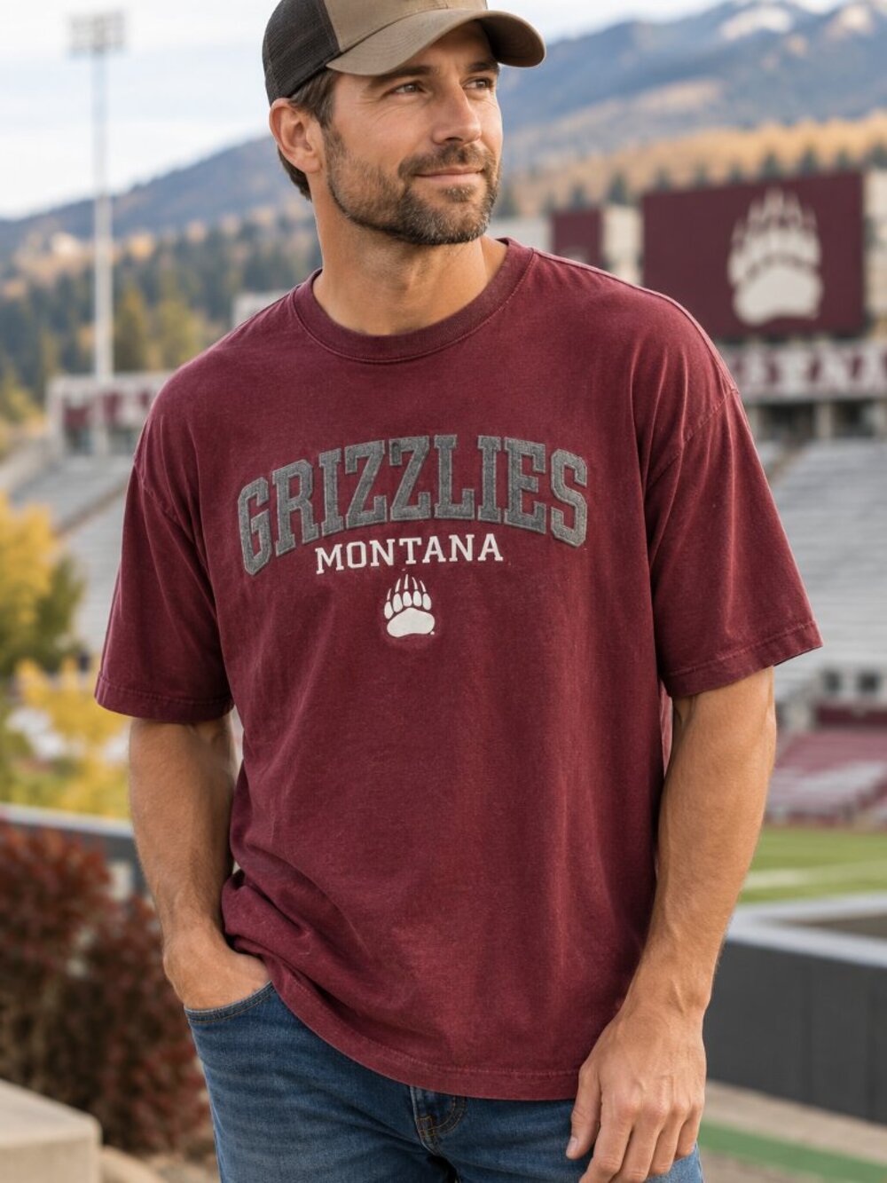Montana Grizzlies Men's T Shirt Burgundy Embroidered Felt Graphic XL NWT